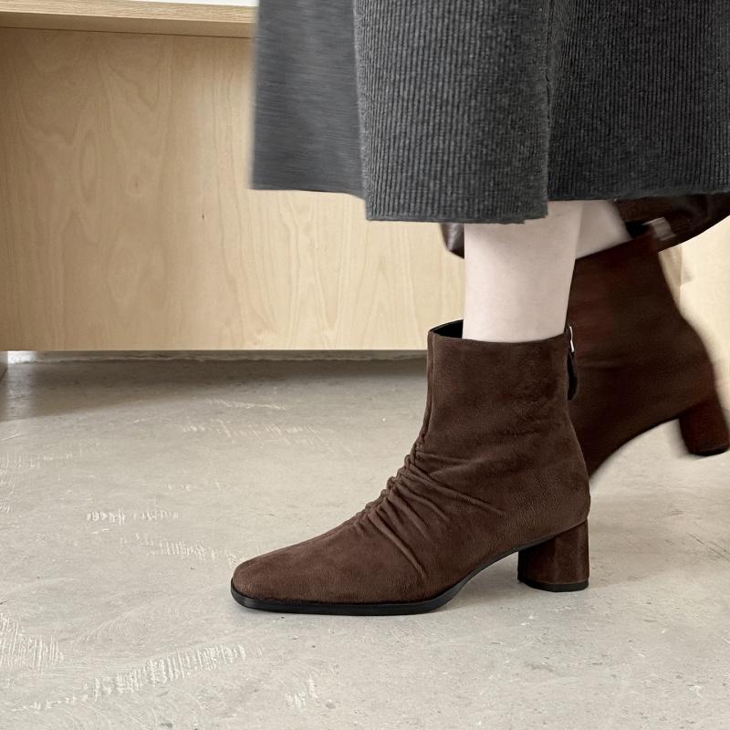 Fashion 2025 Winter Women Shoes Genuine Leather Women Boots Mid-calf Modern Boots Women Solid Med Heel Boots Ladies Shoes Pleated