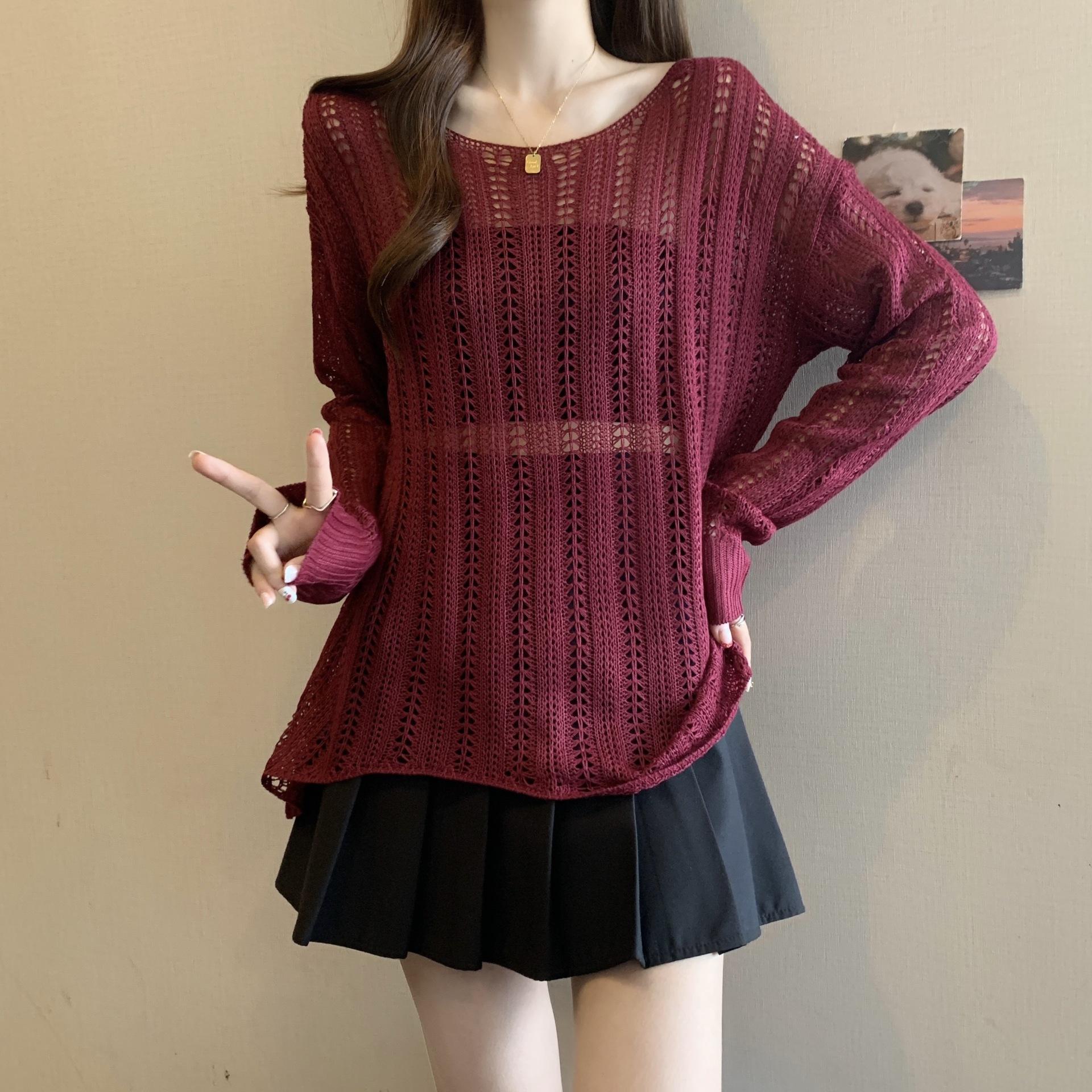 

Летняя новая ажурная блузка женская свежая и милая с круглым вырезом пуловер тонкая прозрачная нерегулярный вязаный свитер женский Average size 53-305 красный