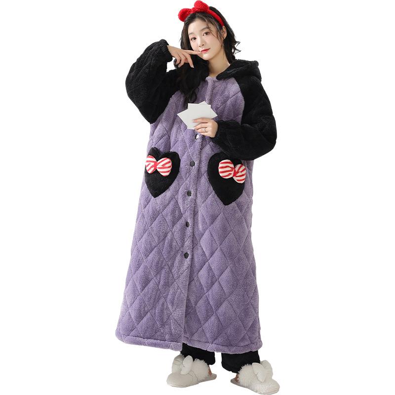 Noční košile Žena Podzim Zima Tři vrstvy Silné se Sametovým Korálovým Sametem Bavlna Dlouhé Termální Župan Pyžamo ve stylu Princezny