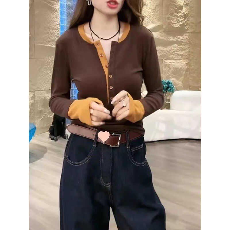 Women's Cotton Retro Colorblock Long Sleeve T-Shirt - 2025 Plus Size Slimming Inner Base Layer for Early Autumn