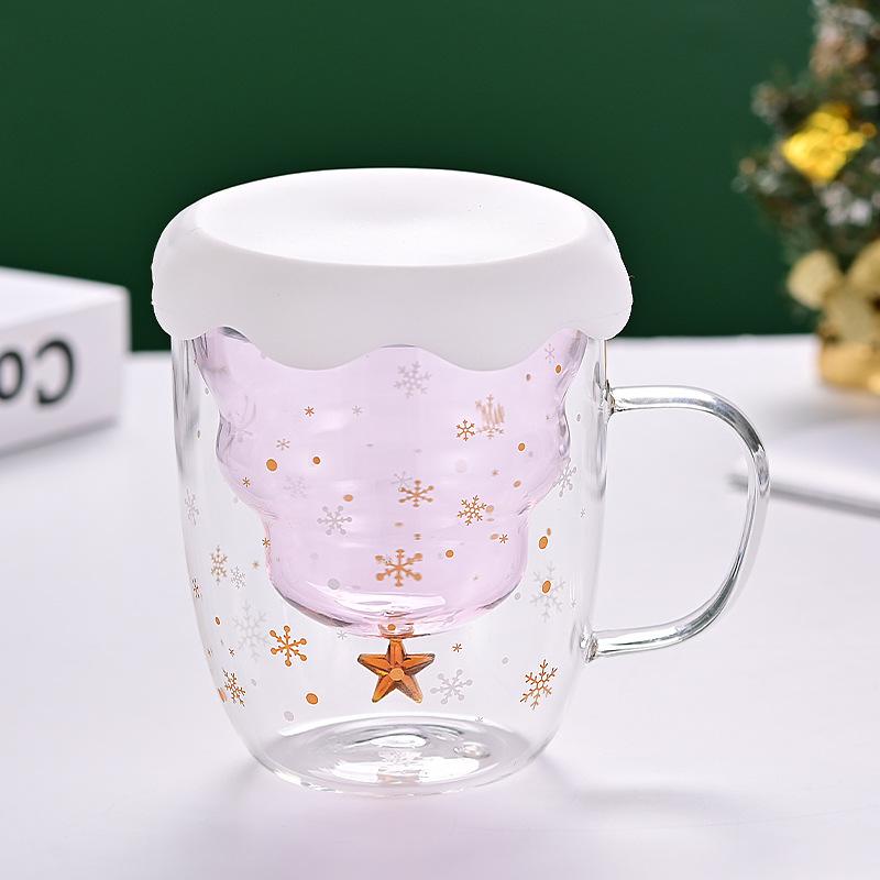 Double Layer Insulated Christmas Cup with Lid Coffee Cup High Borosilicate Glass Cup Wholesale with Handle Glass Decorative Cup