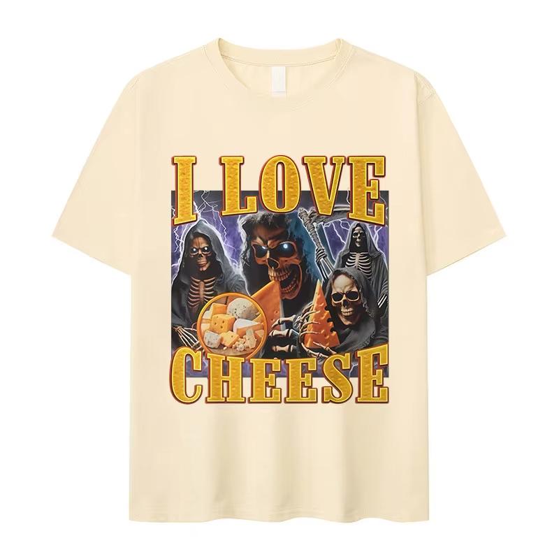 2026 Funny I Love Cheese Skeleton Meme Graphic T Shirt Men Vintage Short Sleeve Tshirts Fashion High Quality Cotton Tshirt
