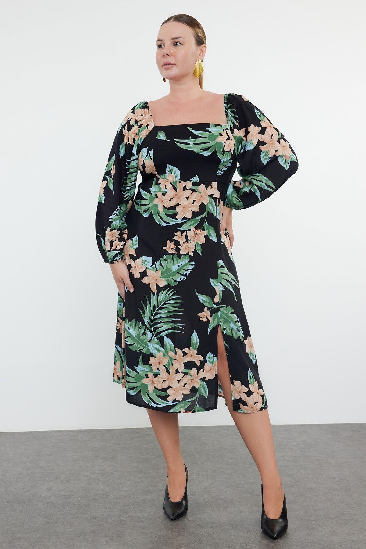 

Women s Fashion Black Floral Long Sleeve Woven Plus Size Midi Dress XL