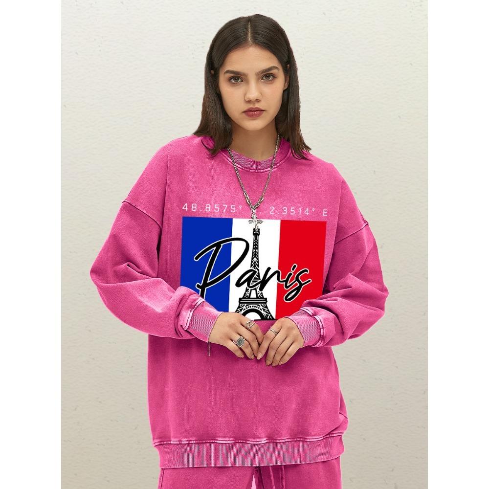 Paris City Of Love Since Art Letter Print Women Washed Sweatshirt Cotton Loose Pullover Autumn Crewneck Woman Sportswear