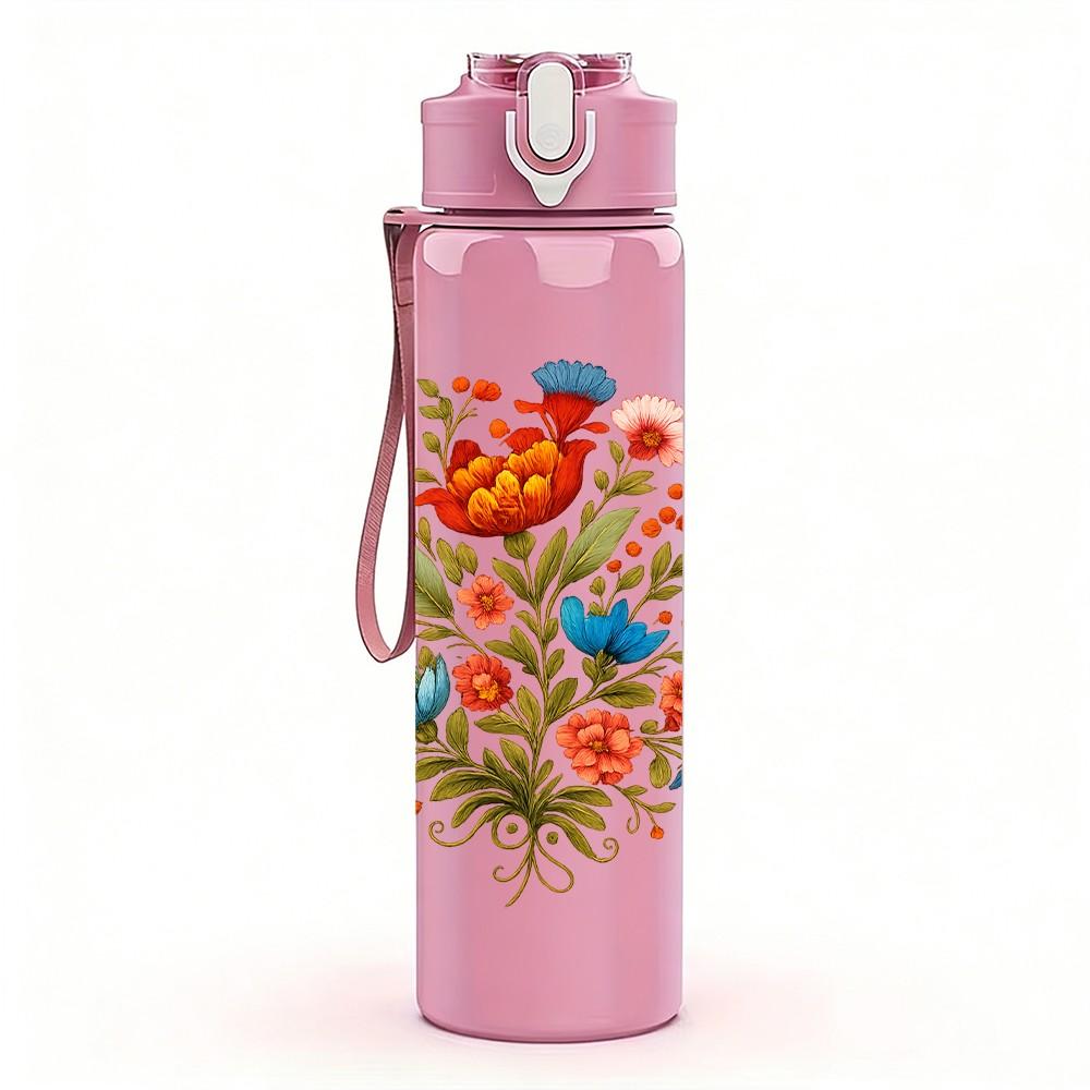 1PC Colorful Wildflower Bouquet 750ml Color Plastic Sports Water Bottle Leakproof Flip Straw Lid Suitable for Sports Office Home Use