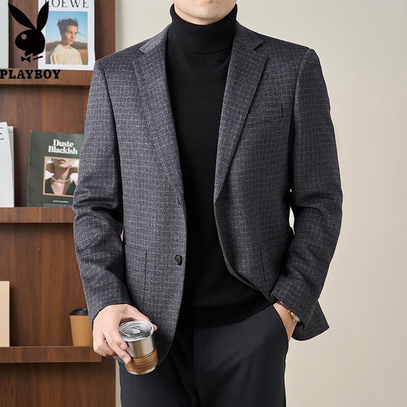 PLAYBOY Men's Wool Blend Business Casual Plaid Blazer