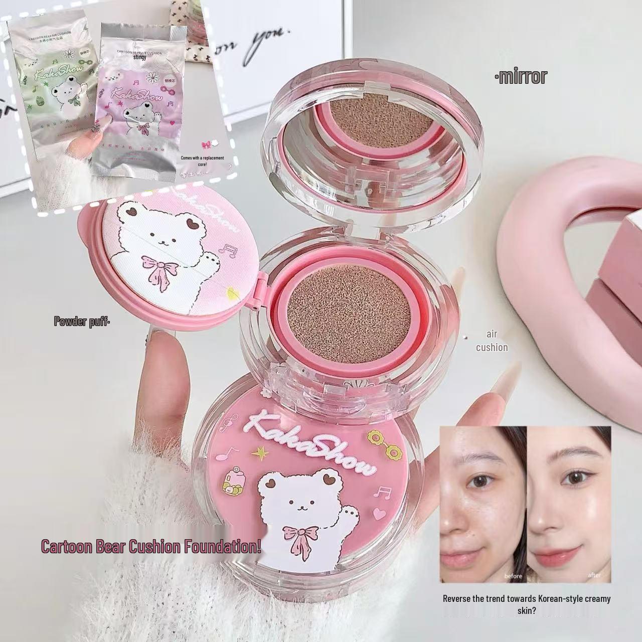 

Kakashow Cute Bear Cushion Foundation: Natural Brightening, Korean Style, Creamy, Long-Lasting, No Caking 01# Ivory