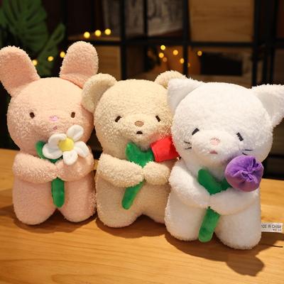 Armas kaisukaru jänes kass lilli hoidmas plüüsist mänguasjad kawaii loomanukud täidisega padi tüdrukute sõbrapäeva kingitus