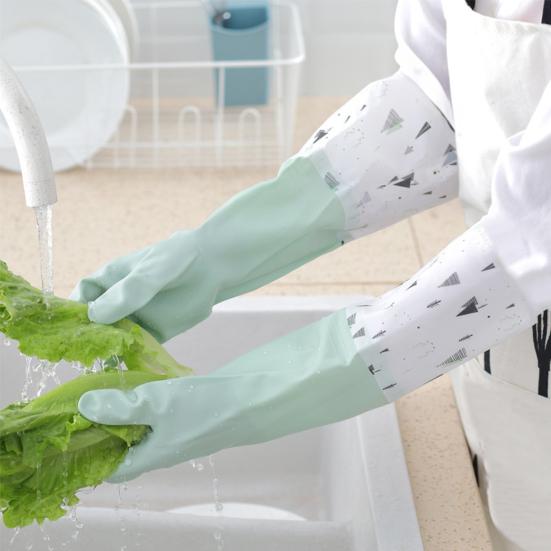 1 Pair Dishwashing Gloves Waterproof Reusable Gloves Patchwork Color Elastic Long