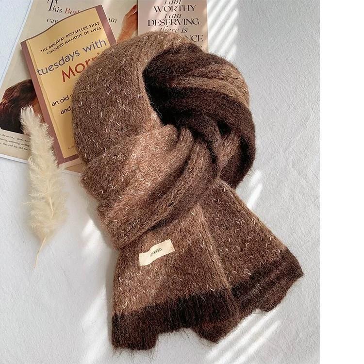 Xiaoxiangfeng Color Blocked Wool Scarf for Women Winter High End Thickened Warm Mohair Knitted Shawl Scarf for Students