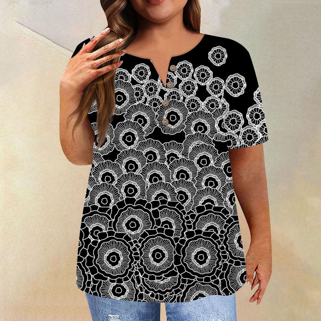 Women's Short Sleeve Shirt Button Plus Size T-Shirt Flower Printed Casual Tops