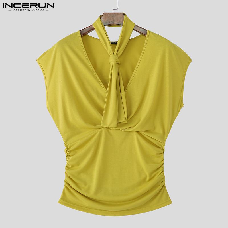 INCERUN Maiouri fără mâneci cu decolteu în V pentru bărbați, culoare uni, răsucite, cu talie subțire