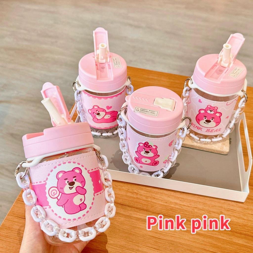 Adorable Bear Pink Straw Cup with Leather Case & Anti-Scalding Design - Portable Bracelet-Style Water Cup for Girls