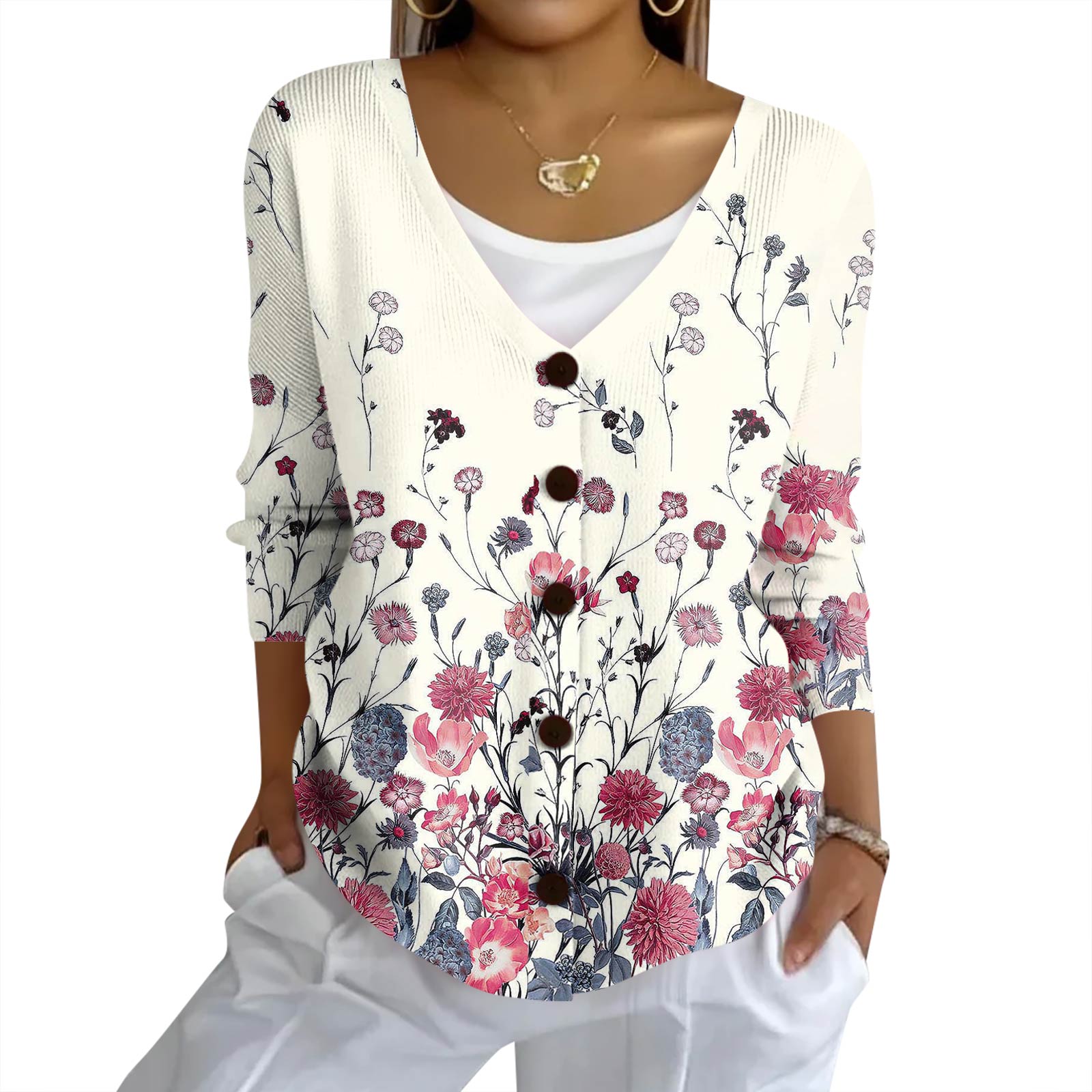 

Women s Fashion Casual Knit Sweater Button-Up Floral Print Cardigan Jacket L