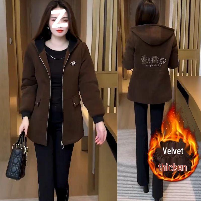 Winter 2025 Mid-Length Hooded Women s Jacket: Plus Velvet Thickened Warm Cotton Mother s Wear. 4XL кофейный