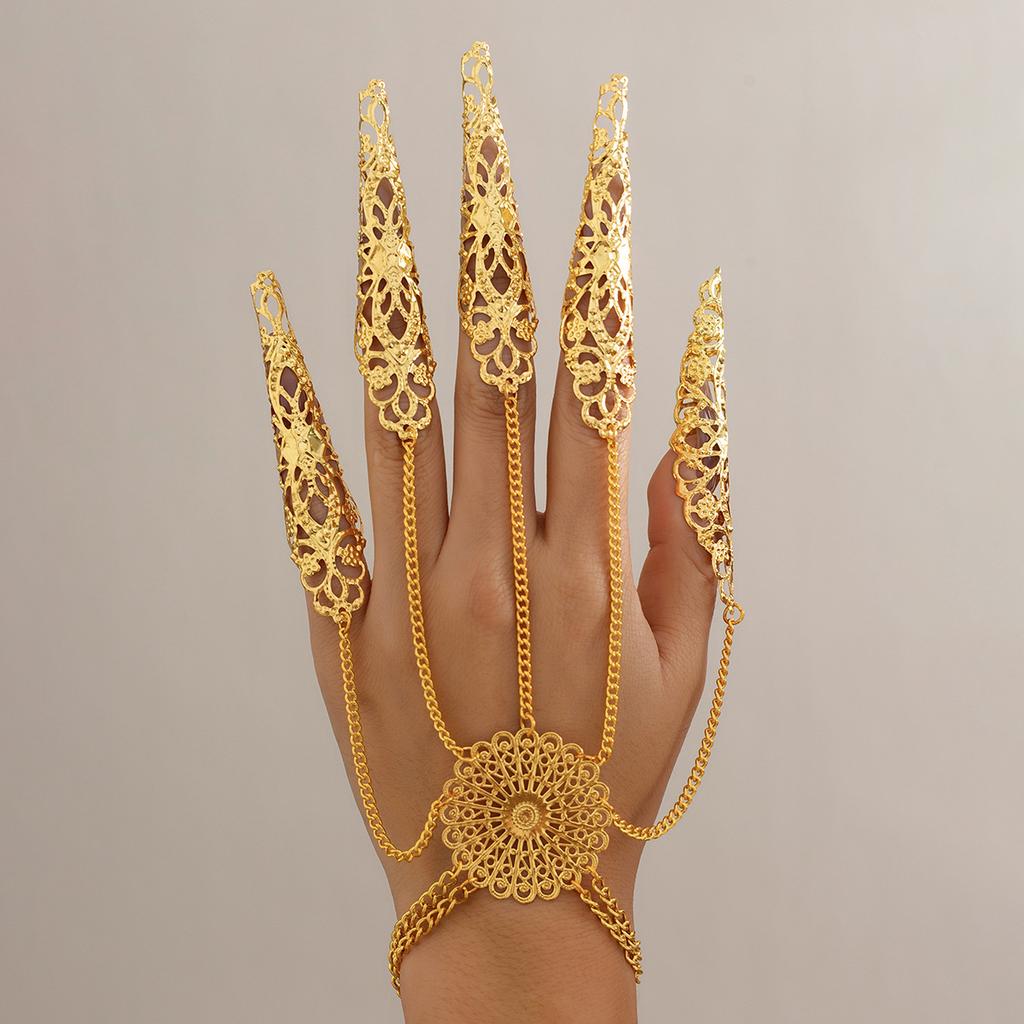 Gothic Punk Hollow Finger Ring Link Chain Flower Bracelet for Women Punk Gold Color Cuban Chain Hand Vintage Jewelry Party