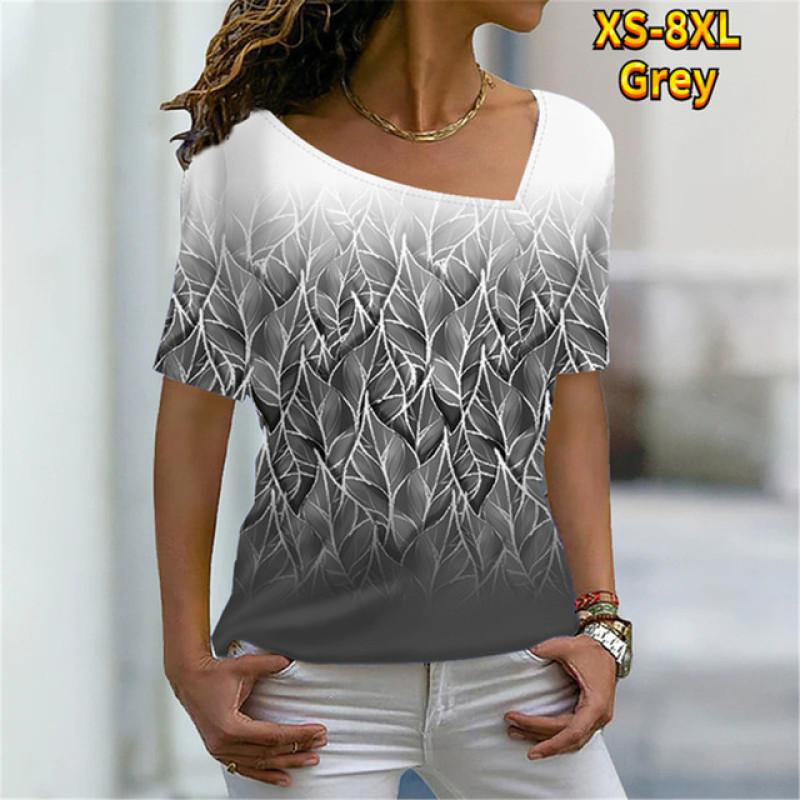 

Женские футболки с 3D принтом листьев и сексуальным элементом в полоску с диагональным вырезом, повседневные, летние, в стиле Харадзюку, модный пуловер с короткими рукавами, новинка XS