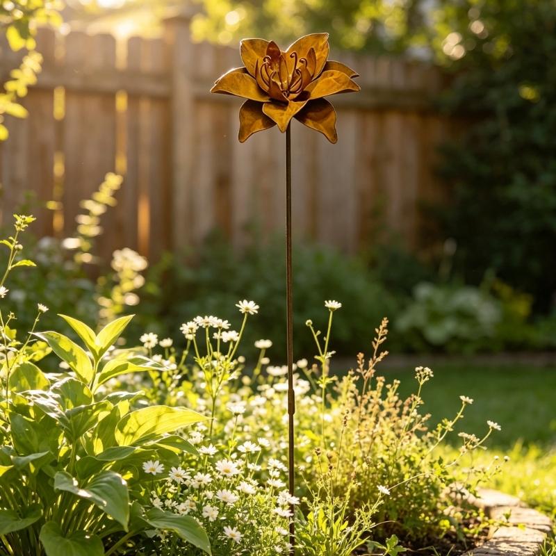 Garden Flower Stake with Iron Build for Yard Lawn Soil Placement, Metal Ground Insert Single Piece with Aged Finish, About 66.5 x 13 cm
