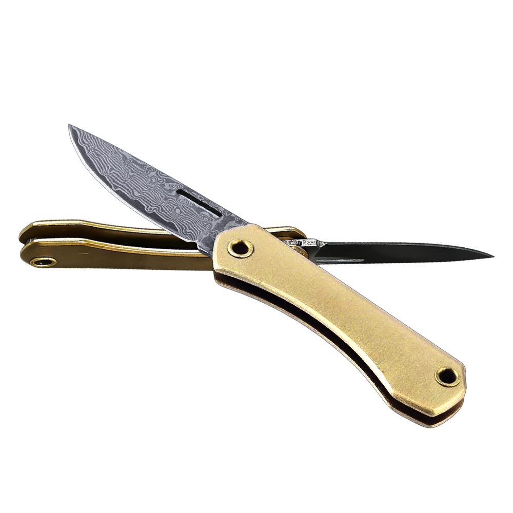 Damascus/D2 Steel Sharp Blade Brass Handle Mini Folding Knife, Keychain Utility Knife for Outdoor Camping Hiking Daily EDC Tool