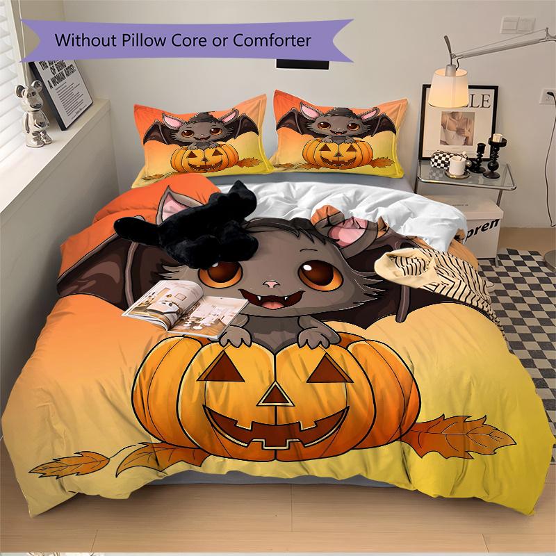 3pcs Lovely Wizard Bat and Halloween Pumpkin Cartoon Design Quilt Set - Soft and Comfortable Bedroom, Guest Room and Dorm Decor Bedding Set 1 Qui