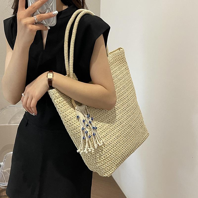 Yogodlns Elegant Ladies Straw Woven Handbag Women Holiday Beach Commute Casual Tote Top-Handle Bags Fashion Retro Shoulder Bags