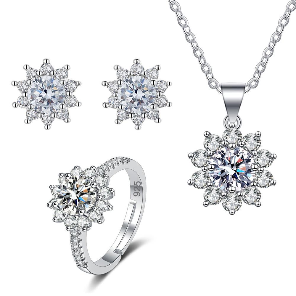 New 925 Silver Set High Quality Necklace Earring Ring Chain Fashion Jewelry For Women Wedding Birthday Gift resizable белый