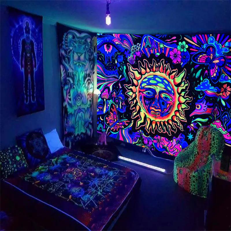 1 шт. Гобелен «Горящее солнце», флуоресцентный гобелен, реагирующий на УФ, закат с волнами, череп, гриб, цветок, растение, богемный гобелен 73x95cm