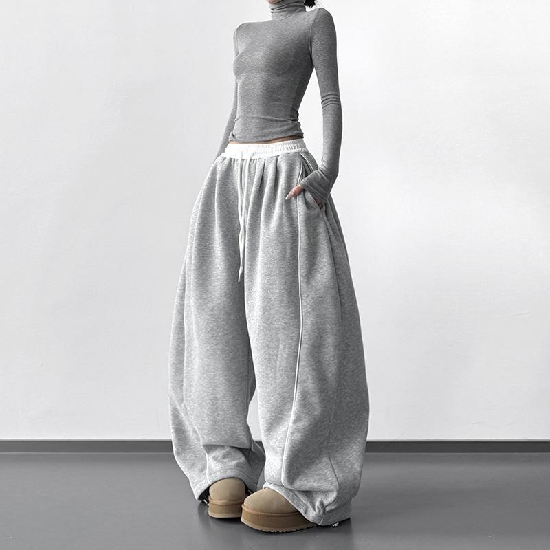 Women s High Waist American-Style Wide Leg Sweatpants - Drawstring, Loose Fit, Cuffed, Spring/Winter XL