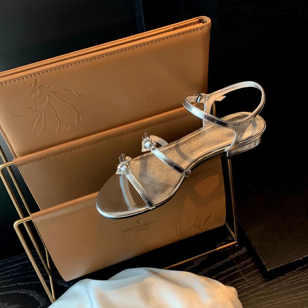 Sheepskin Version~ Round Head Double Word with Love Diamond Buckle Adjustable Flat Sandals Women's Leather Thick Heel High Heel Sandals