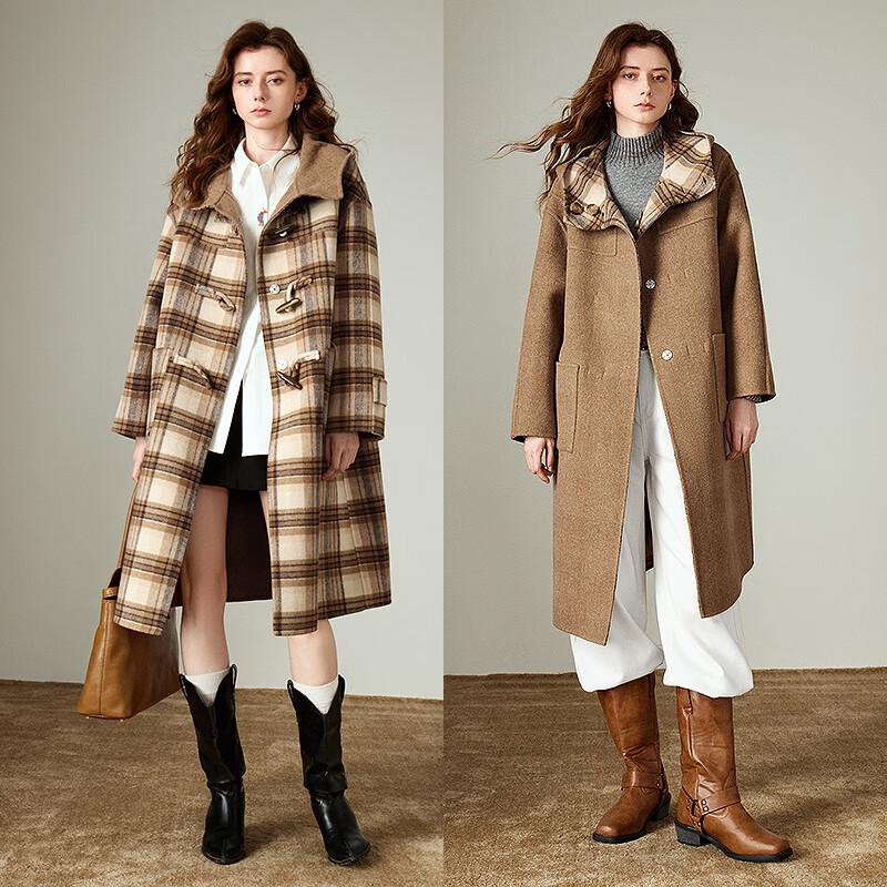 Chuyu Women's Loose Fit Plaid Wool Blend Hooded Coat