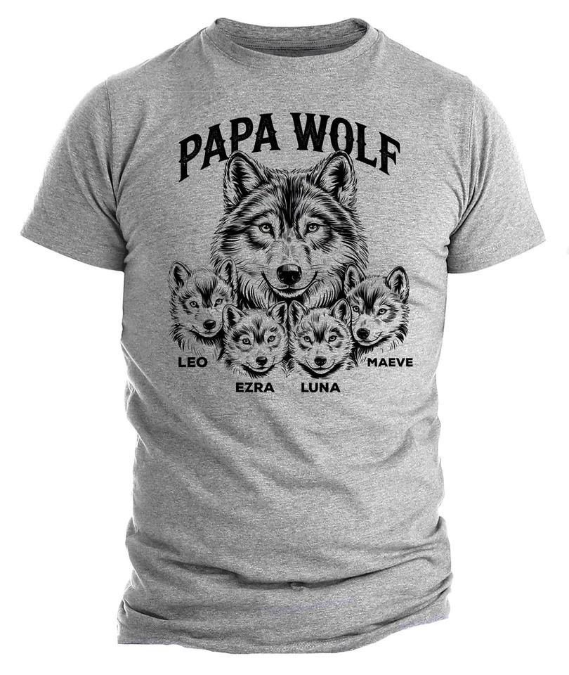 Papa Wolf T-shirt – Personalized Wolf Pack Dad or Grandpa T-T-shirt with Kids’ L