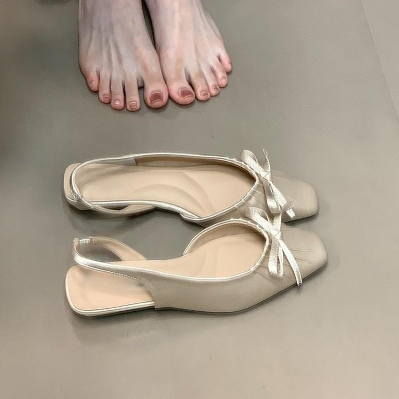 

Satin wedged back strap women s shoes 2025 square head bow pleated niche bag head sandals 40