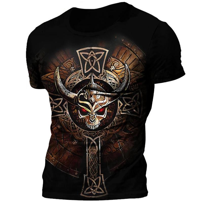 2025 Sommer Neu Heiß Vintage Wikinger Tattoo 3D Gedrucktes Herren T-Shirt Mode Street Bequem Atmungsaktiv Übergröße Lockeres Oberteil