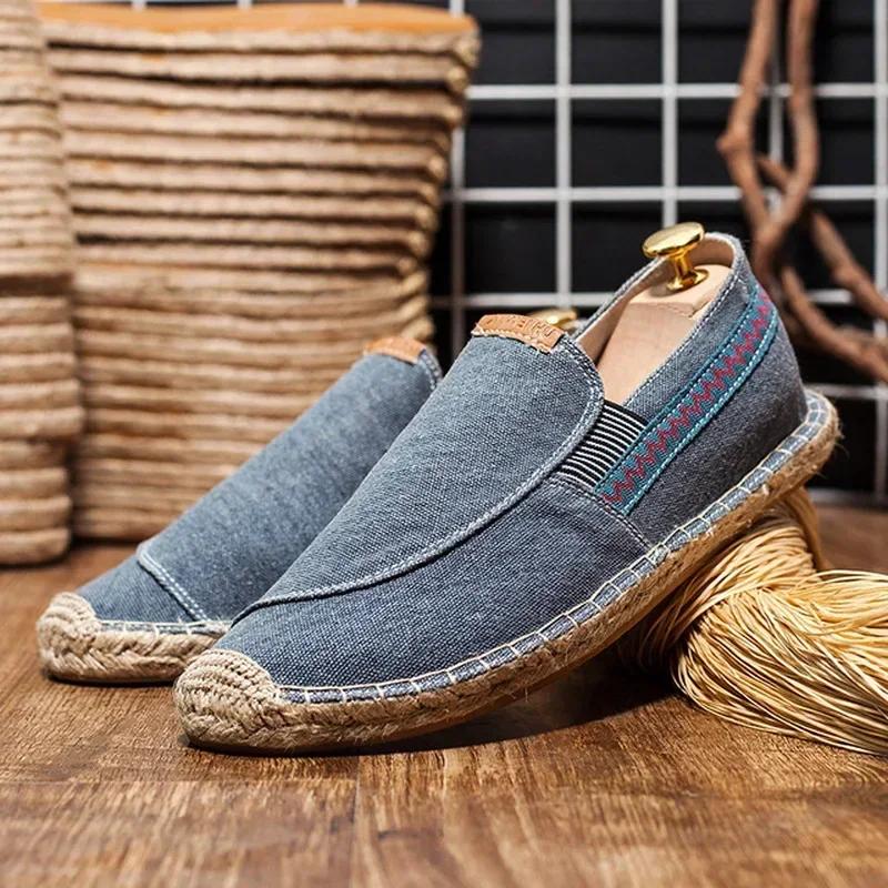 Mens Casual Vintage Loafers Flat Hemp Bottom Fishermen Shoes Driving Soft Shoes Holiday Beach Sailing Bohemian Autumn Size 38-45
