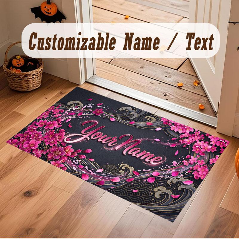 Floral Garden Theme Crystal Velvet Floor Rug Personalized Custom Name Text Warm Carpet Home Decoration