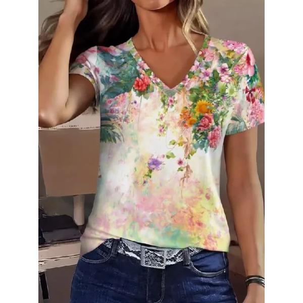 Summer V-neck Flower Pattern 3D Printed Top Fashionable Casual Short Sleeved Women's T-shirts