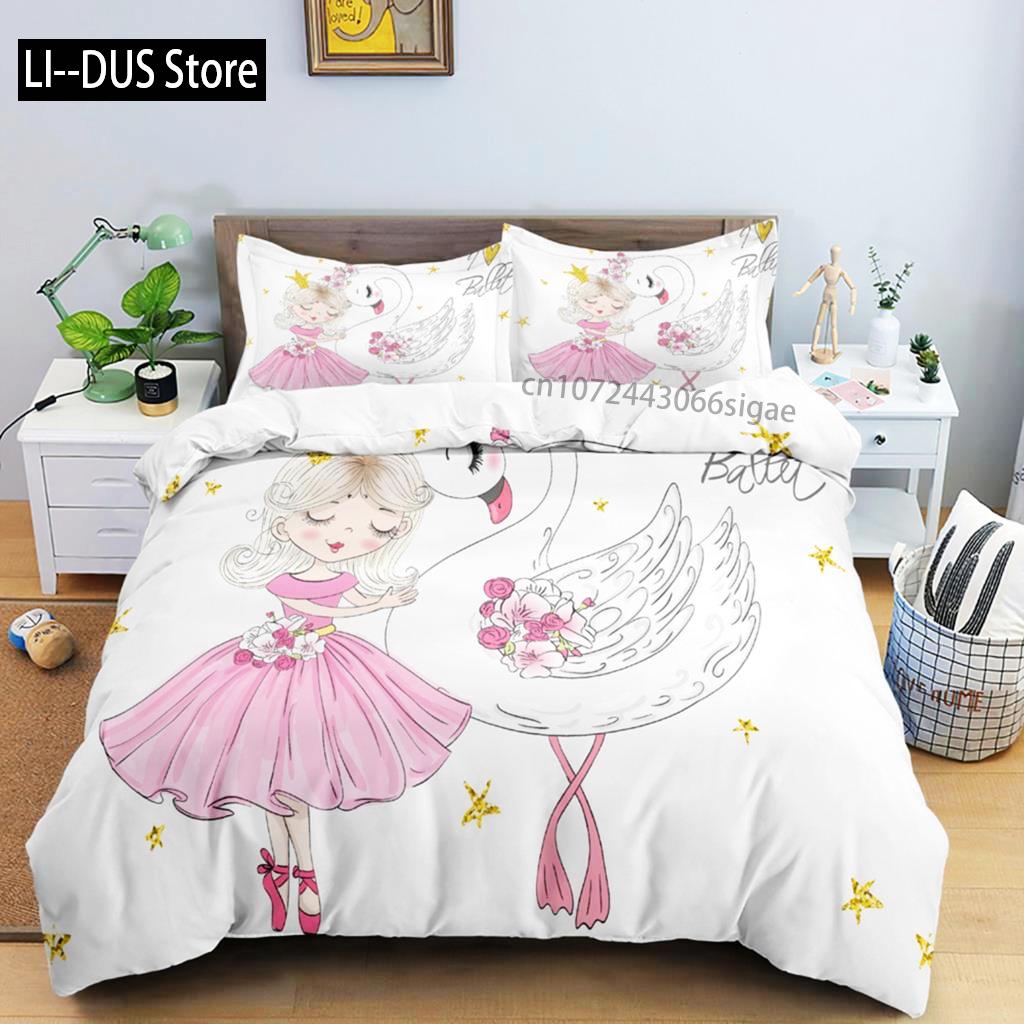 Cartoon Ballerina Duvet Cover Bedding Set For Girls Kid Cute Ballet Princess Dancer Quilt Cover Birthday Gift Bedroom Decoration