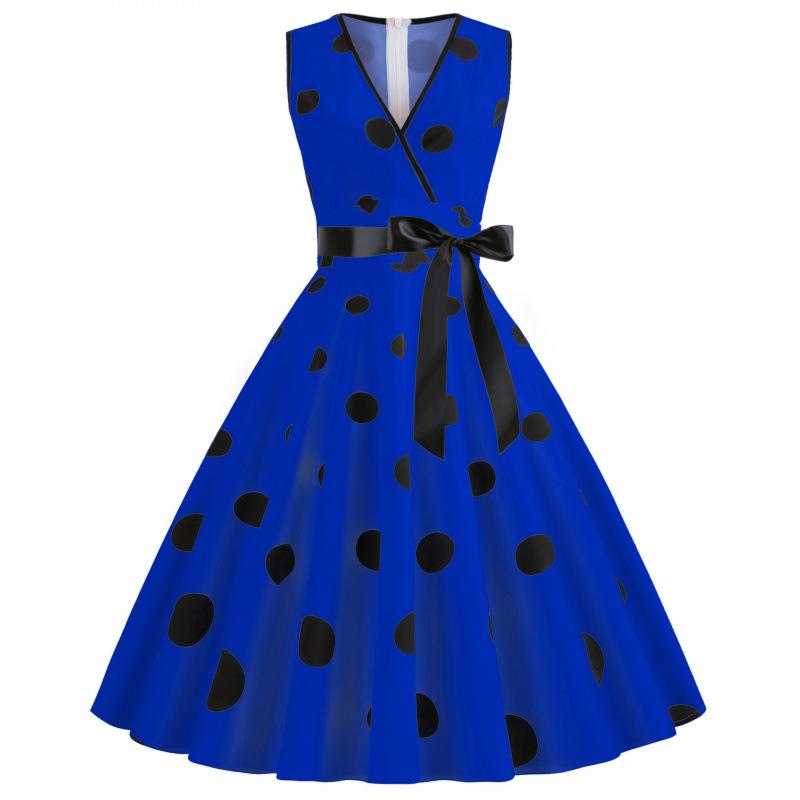 Z Women's V-Neck Polka Dot Sleeveless Tie-Waist Retro Summer Swing Dress