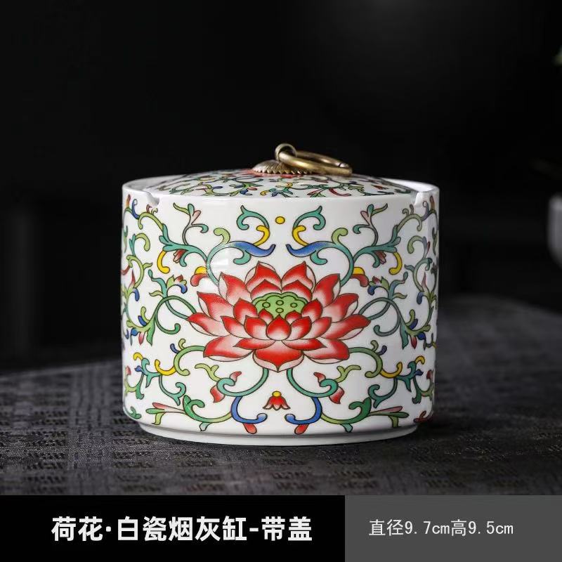 Creative Painted Flower Ceramic Ashtray Dustproof Office Ashtray with Lid Home Cylindrical Ceramic Ashtray Gift Home Decoration
