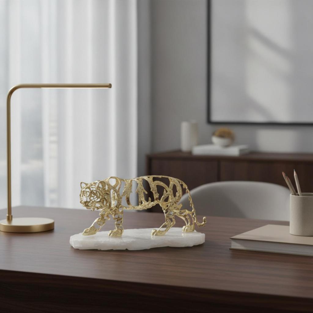 Metal Tiger Ornament Openwork Sculpture Glossy for Bookshelf