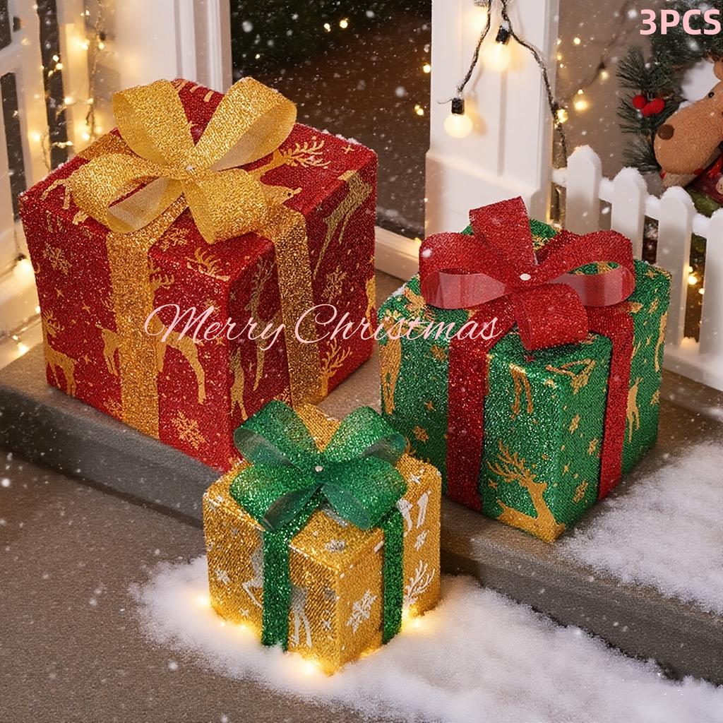 3pcs Lighted Christmas Gift Box Set with Warm LED Lights & Snowy Ribbon Bows  Cordless Holiday Decor (Batteries Not Includ)