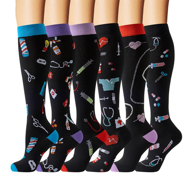 6 Pairs Mid Calf Compression Socks Sports Hiking Basketball Office Worker Calf Protection Stockings Varicose Vein Nurse Socks