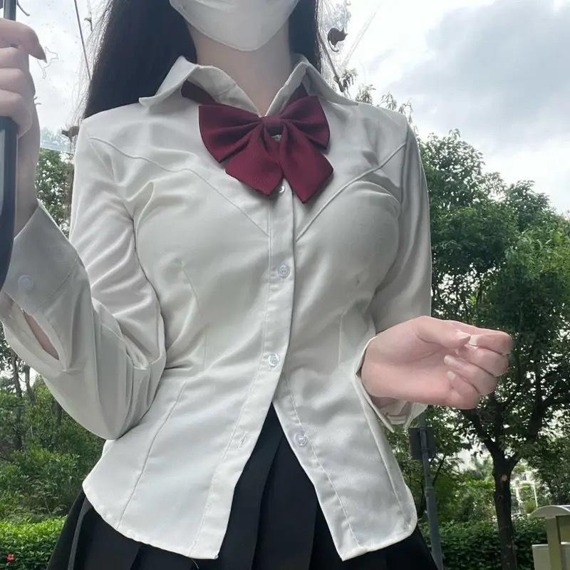 Women's Slim Fit Long Sleeve Shirt Japanese JK College Style Button-Down Blouse Preppy Casual Top