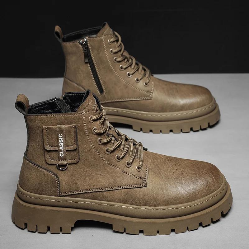Fashion 2024 Fashion Men Casual Leather Boots Classic Round Toe Leather Ankle Boots Comfy Street Hip Hop Tooling Shoes Motorcycle Boots