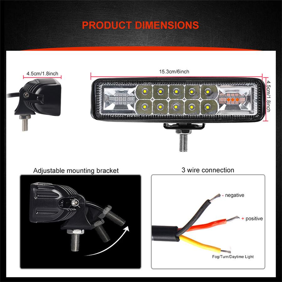 Three in One Pair 6 inch 48W 4800lm White Amber Fog Warning Flash Strobe Led Work Light for Car Truck Motorcycle 12V 24V