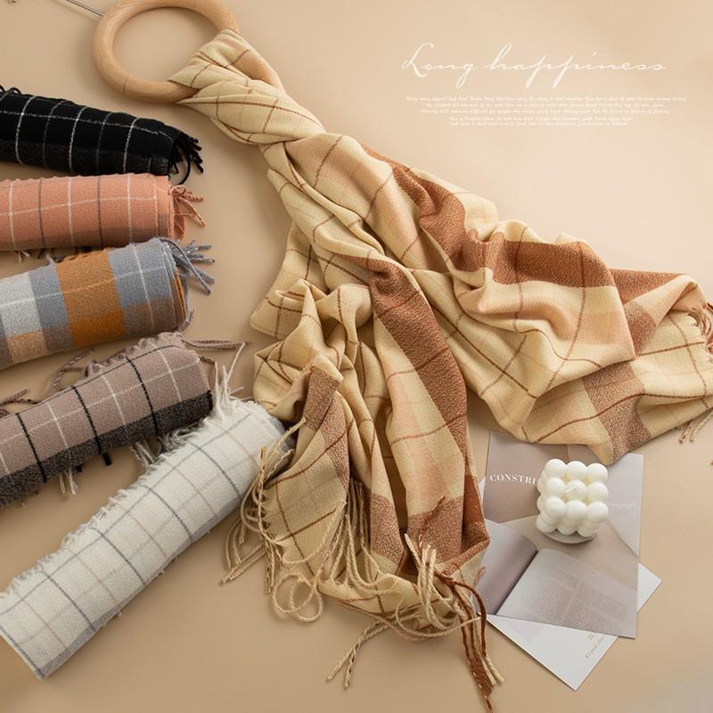 Womens Plaid Knit Scarf Soft Faux Cashmere Long Wrap Shawl Winter Warmth Office Commute