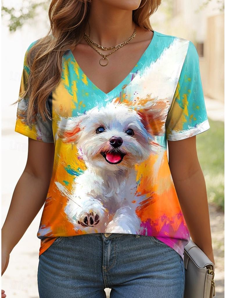 Women's T Shirt Graphic Animal Vintage Stylish Classic Short Sleeve V Neck Regular Tops Daily Print Woman Clothes Tops for Woman