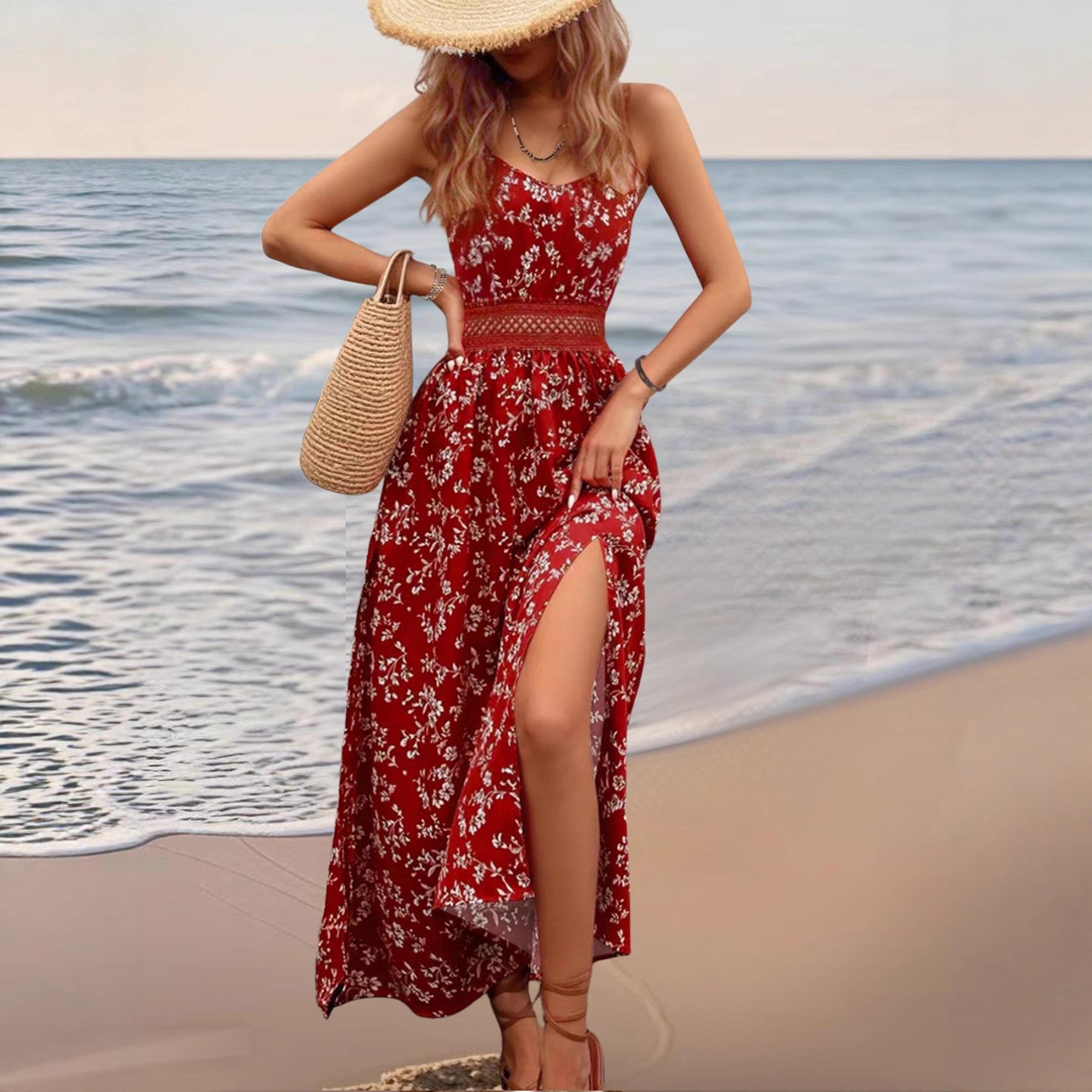 Women Floral Print Slim Fitted Split Strappy Midi Casual Vacation Dress S красный