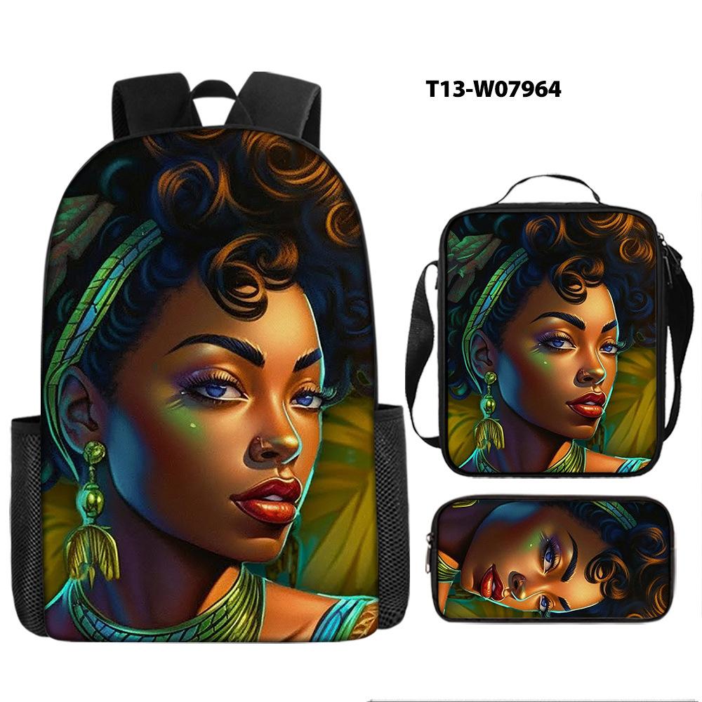 African Girl Schoolbag Three-piece Set, Primary School Students Backpack, Computer Bag, Large Capacity