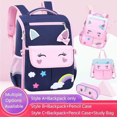 Niedliche Katzen-Unisex-Schultasche für Grundschüler, Wirbelsäulenschutz, Nylon-Rucksack, Kinder-Rucksack mit Tutorial-Tasche, Federmäppchen